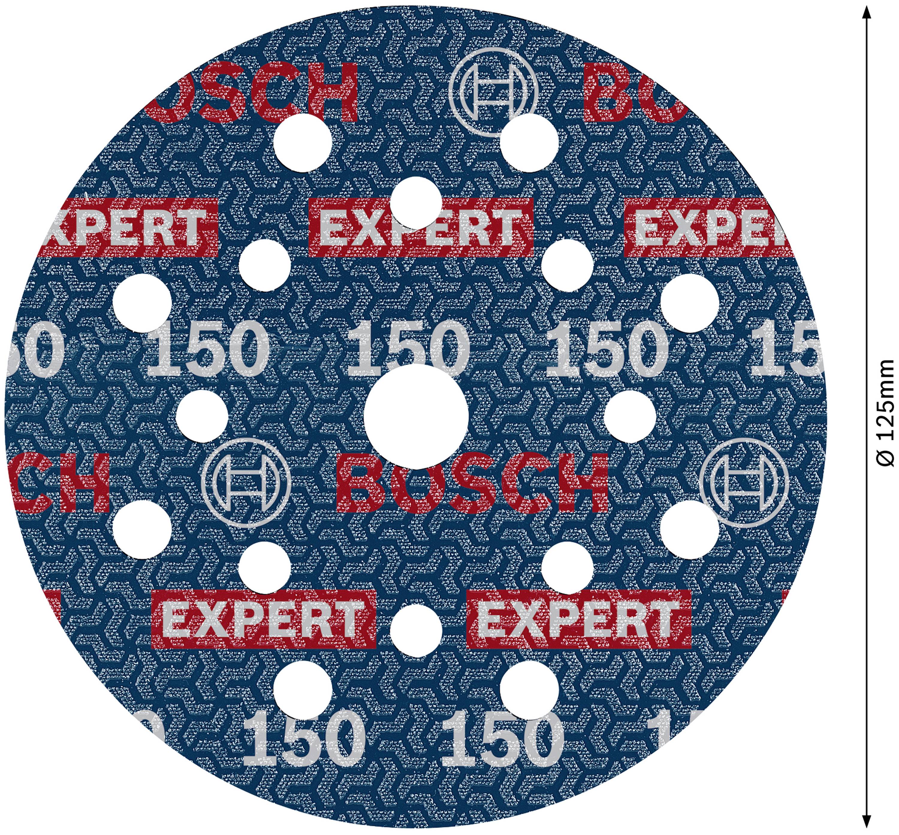 Bosch slibeskive med diameter 125 mm, blå med rødt og hvidt tryk 'EXPERT', egnet til træ og metal.