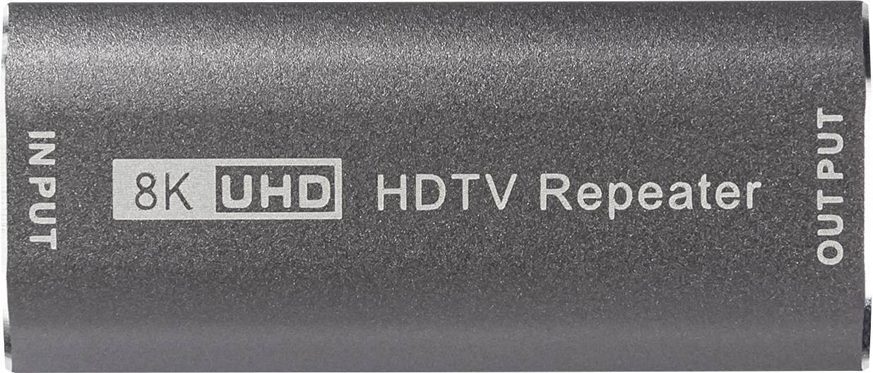 En grå 8K UHD HDTV repeater med påskrifterne 'INPUT' og 'OUTPUT'.