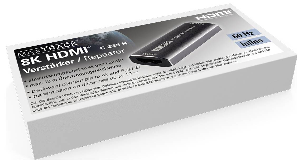 'Emballage til en 8K HDMI-forstærker fra MaxTrack, model C 235 H, 60 Hz, Inline, kompatibel op til 4K Full HD, overførselsrækkevidde på op til 10 meter.'