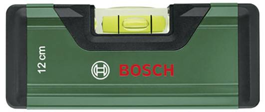 Vodvægt fra Bosch, 12 cm lang, med grøn, vandret boblehældning i midten, velegnet til nivellering af overflader.