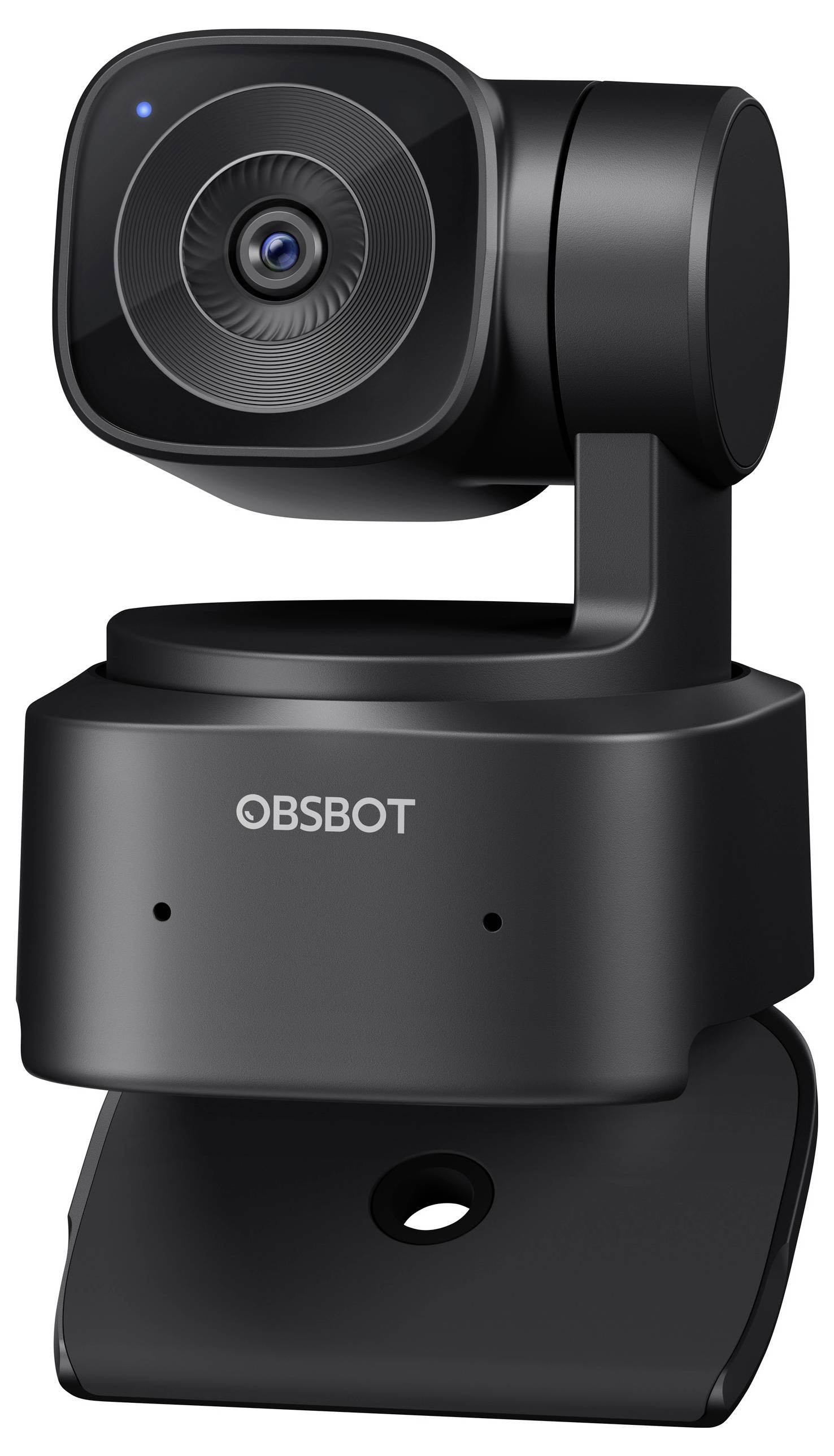 Et sort webcam med et rundt objektiv og en drejemekanisme, velegnet til videoopkald eller streaming.