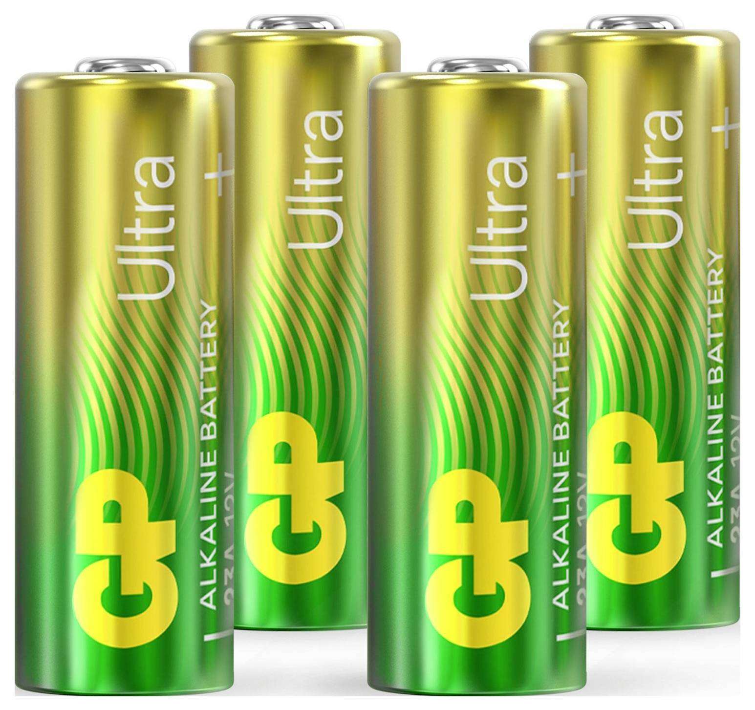 Pakning med 4 GP Ultra+ 23A 12V alkaline-batterier, grøn-grå blisterpakning med trykt tekst 'LONG LASTING POWER'.