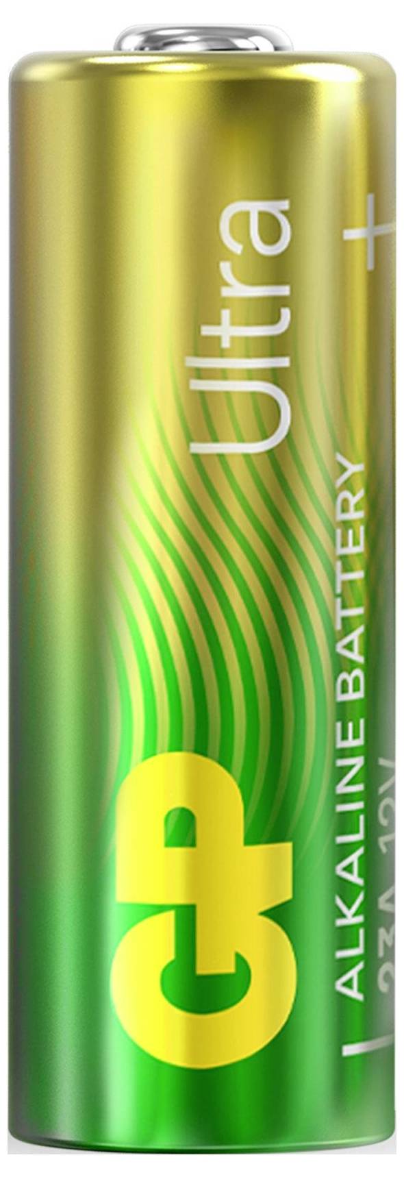 Grønt alkalisk batteri af mærket GP med påskriften "Ultra" og "ALKALINE BATTERY".