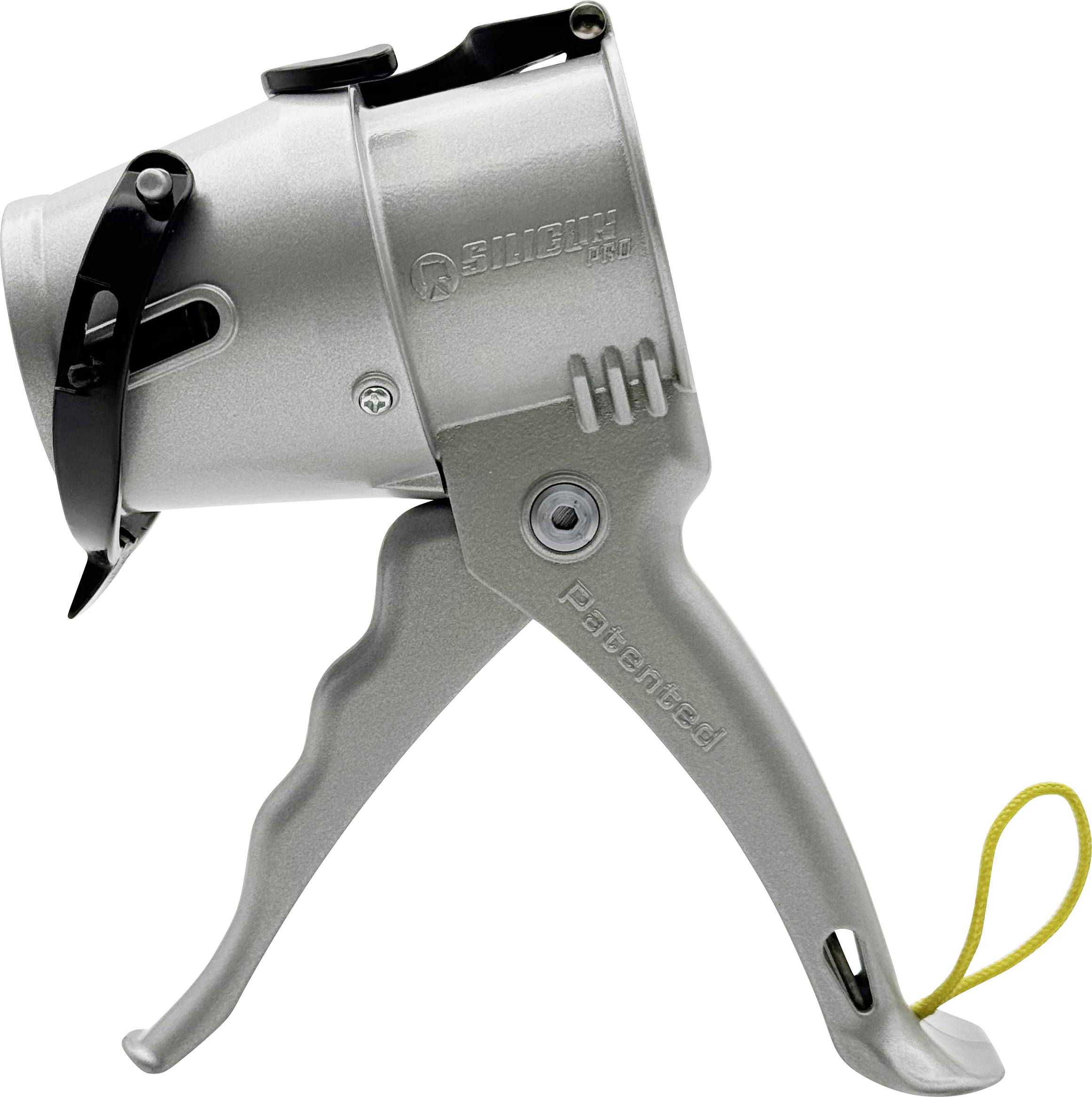 Et sølvfarvet håndapparat med en løftestang og afrundet hoved, forsynet med et sort håndtag og en gul løkke.