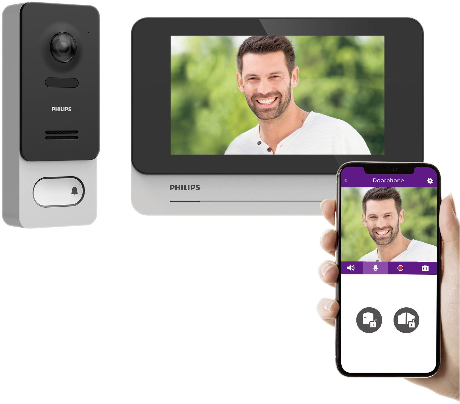 Et video-dørtelefonsæt med kamera, skærm og smartphone-app viser en smilende person udenfor.