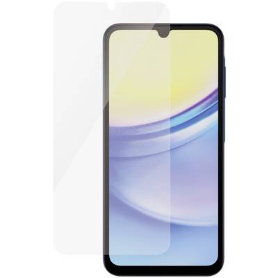 Smartphone med blå-gul skærm og transparent displaybeskyttelsesfilm på forsiden.