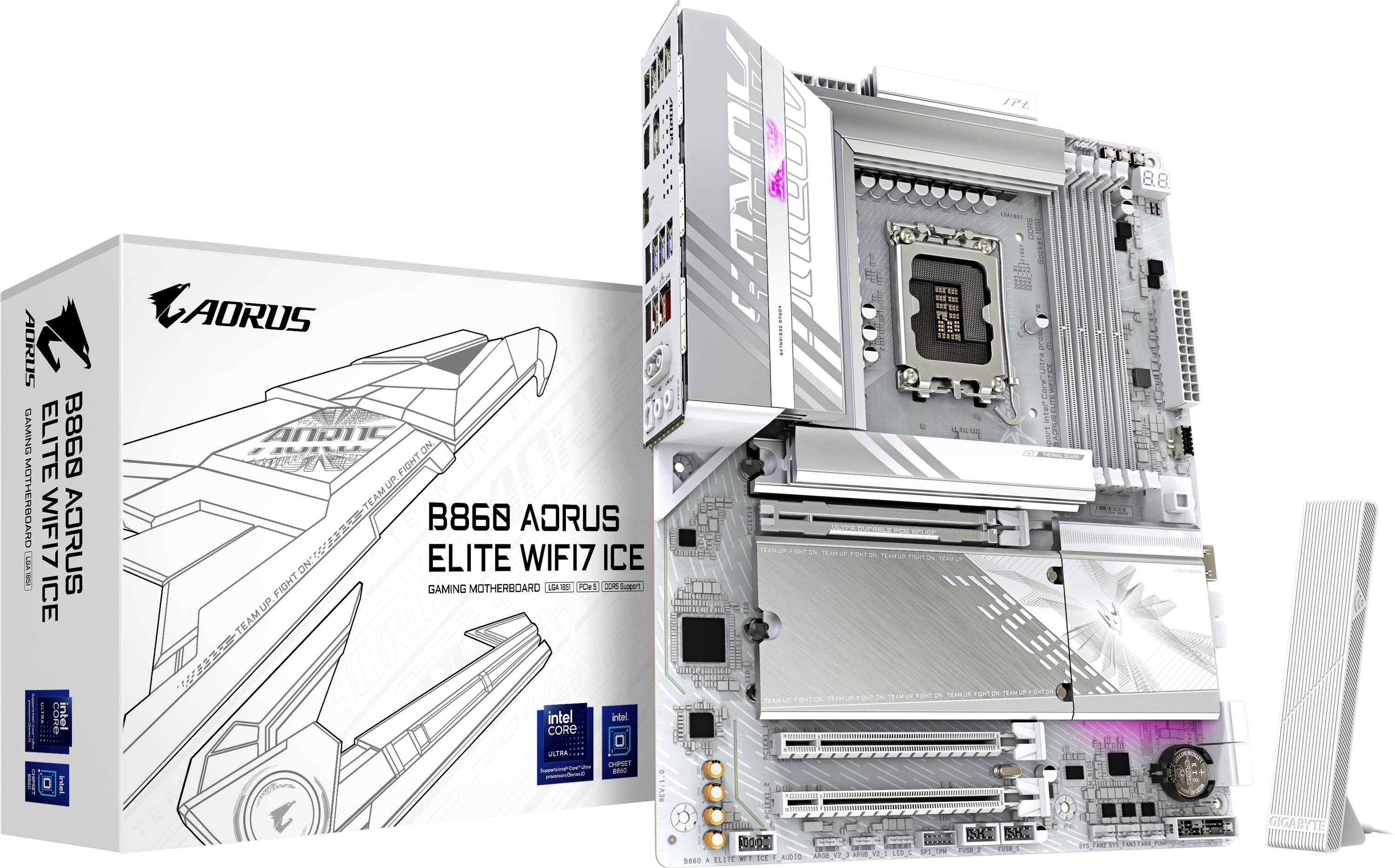 'B660 Aorus Elite WiFi7 ICE' bundkort med emballage. LGA 1700 socket, DDR5 understøttelse, hvid med sølvdetaljer. Inkluderer Aorus mærkning.