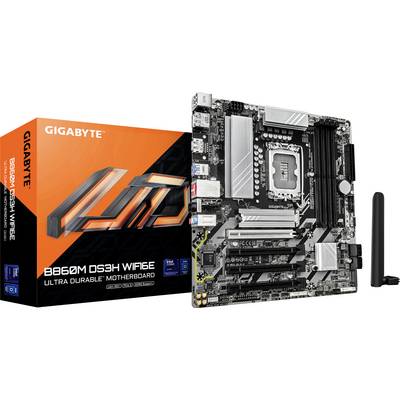 GIGABYTE B660M DS3H WIFI 6E bundkort og pakke vist, med fremhævning af 'Ultra Durable' og WiFi 6E funktionerne.