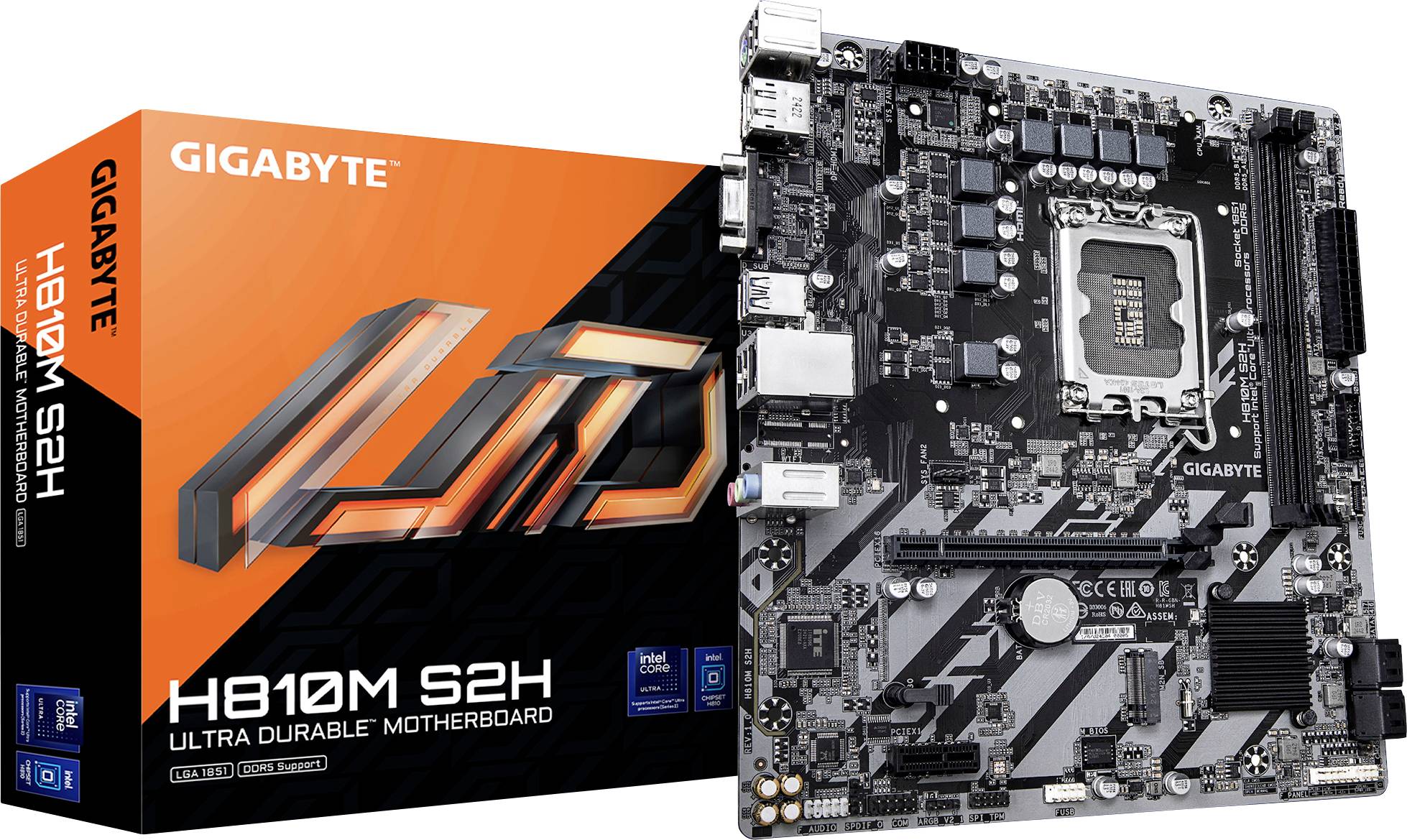 Et Gigabyte H610M S2H bundkort ved siden af dets orange-og-sorte emballage, hvor der står 'H610M S2H Ultra Durable Motherboard'.