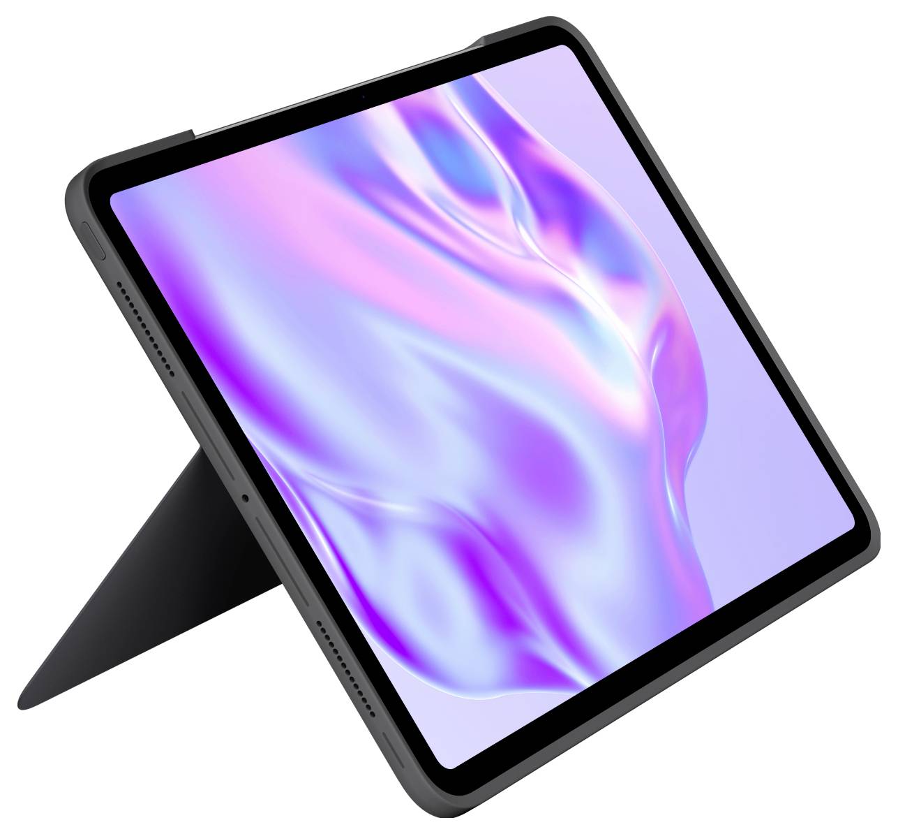 Et tablet står på et bord med et cover-stativ. Skærmen viser et abstrakt, farverigt mønster i blå og rosa nuancer.