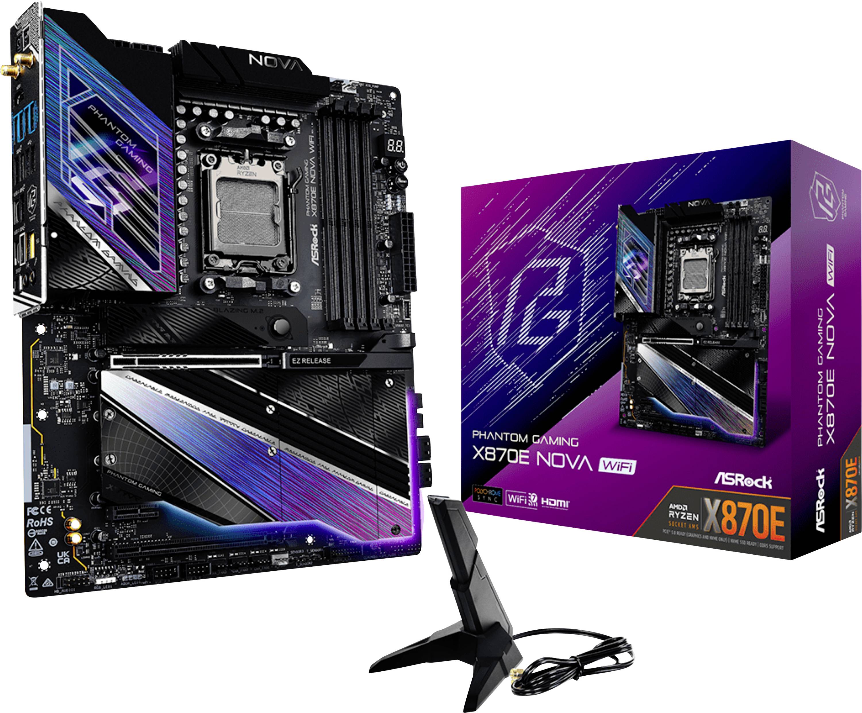 ASRock Phantom Gaming X670E bundkort med WiFi vist ved siden af sin emballage og WiFi-antenne; designet til gaming-pc'er.