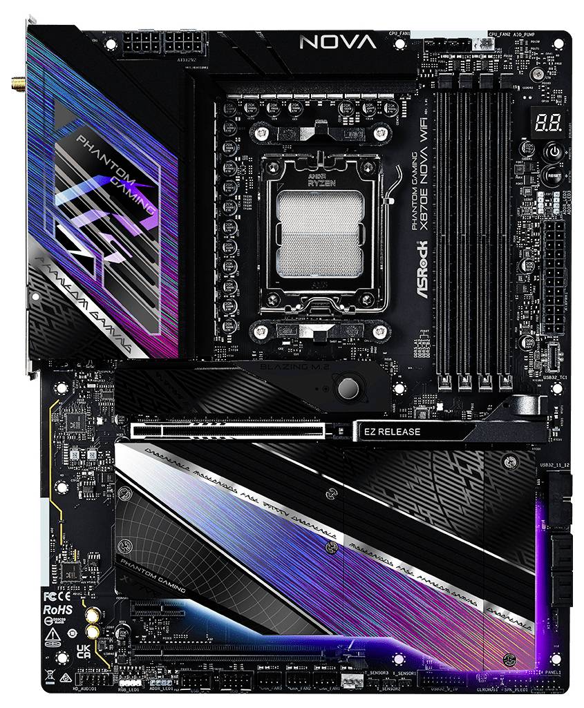 ASRock Phantom Gaming bundkort, der viser forskellige porte, slots og komponenter, designet til high-performance computeropsætninger.