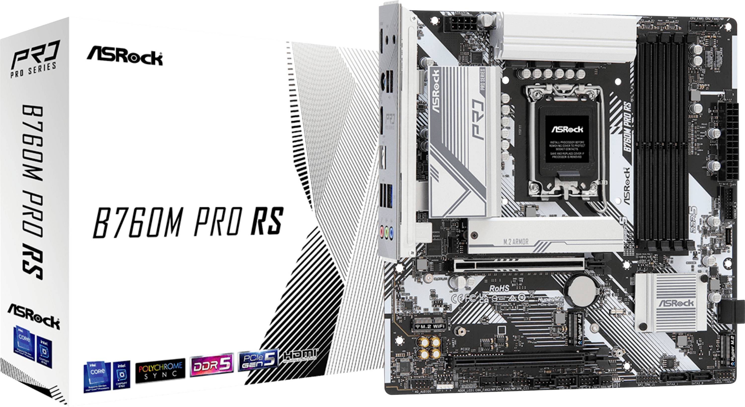 ASRock B760M Pro RS bundkort med emballage. Understøtter DDR5, PCIe 4.0 og HDMI. Bundkortet vises med forskellige stik.