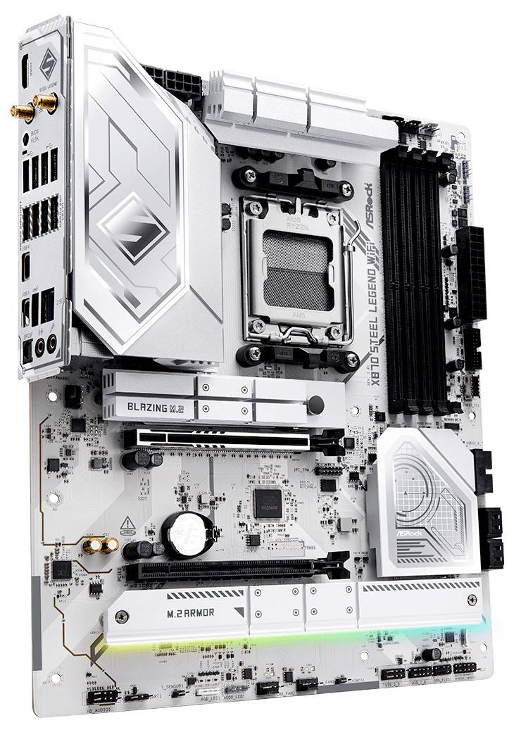 Et hvidt og sølvfarvet computermoder, mærket 'X670E Steel Legend WiFi'. Det har flere slots og komponenter til PC-bygning.