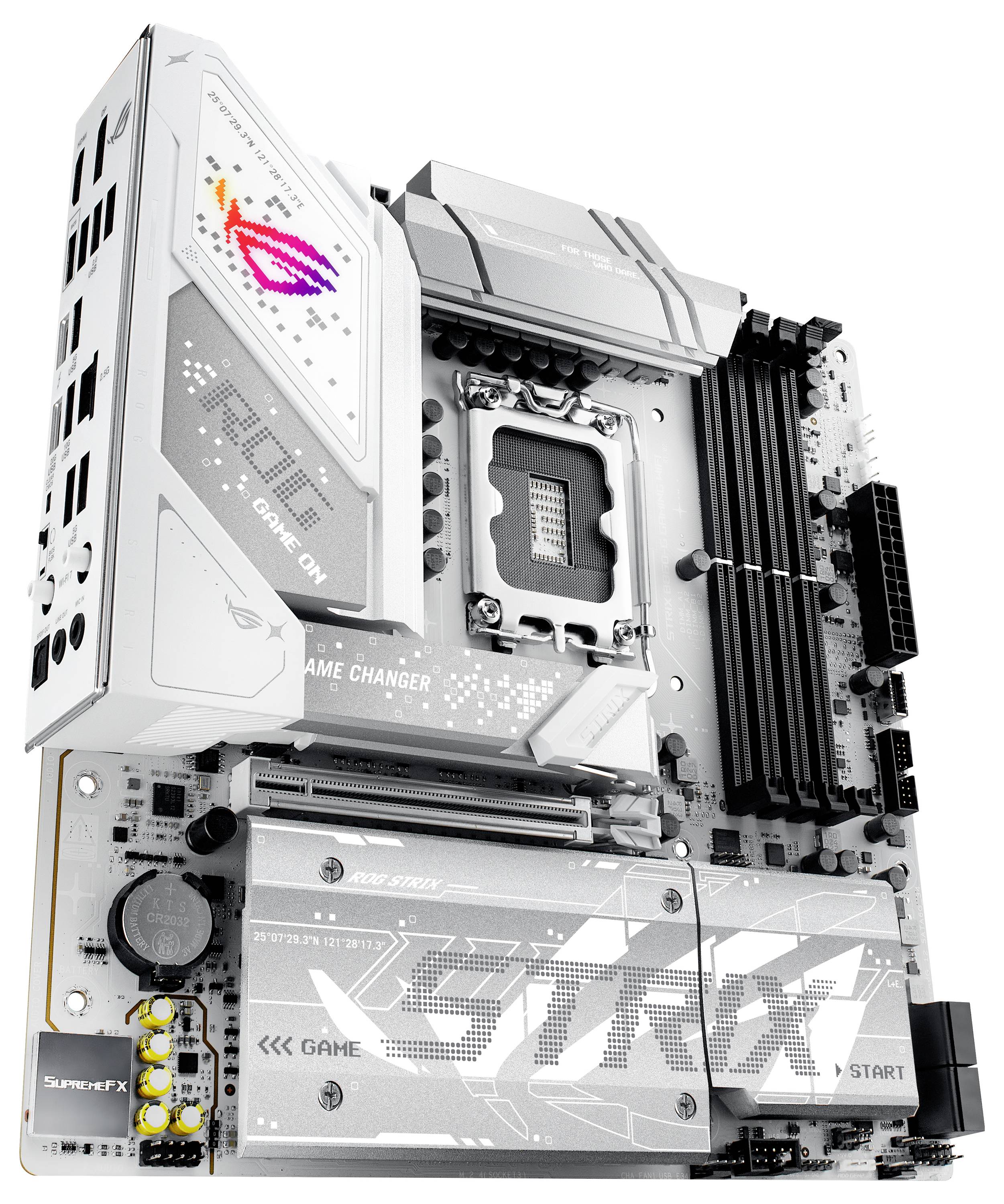 Et gråt og hvidt computermoderkort med 'ROG Strix' logoet. Det har flere stik og komponenter til forskellige forbindelser.