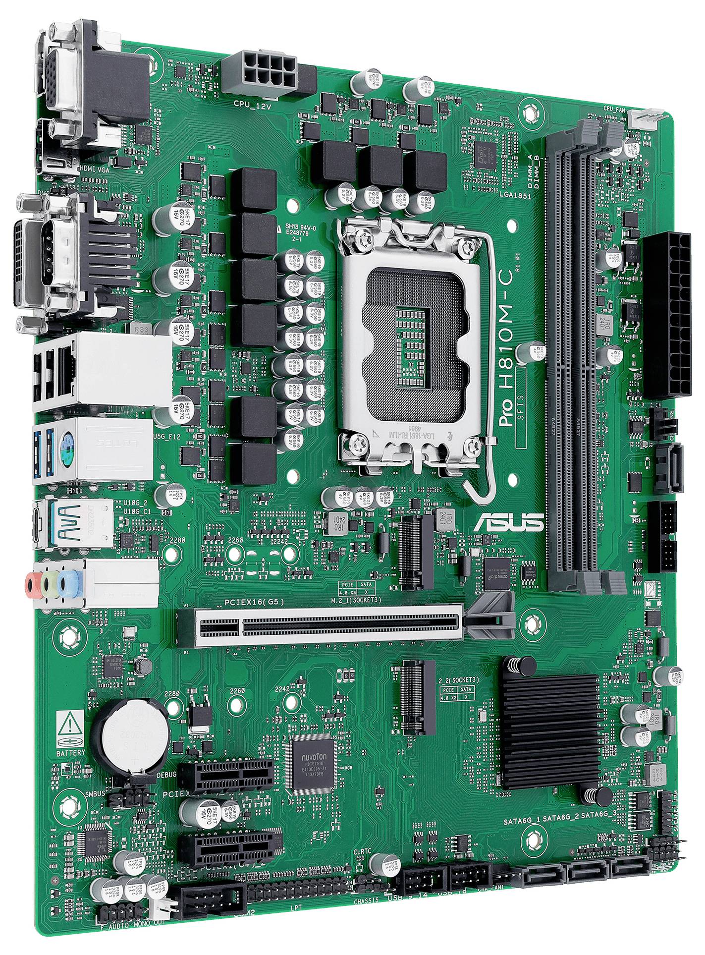 Et grønt computermunderkort, der viser forskellige slots, porte og en central CPU-sokkel med 'ASUS' mærkning.