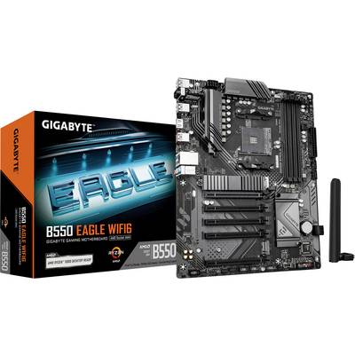 Et GIGABYTE B550 Eagle WiFi 6 bundkort vises ved siden af sin æske. Æsken fremhæver funktioner som 'AMD Ryzen 3000', 'Gigabyte Gaming Bundkort'.