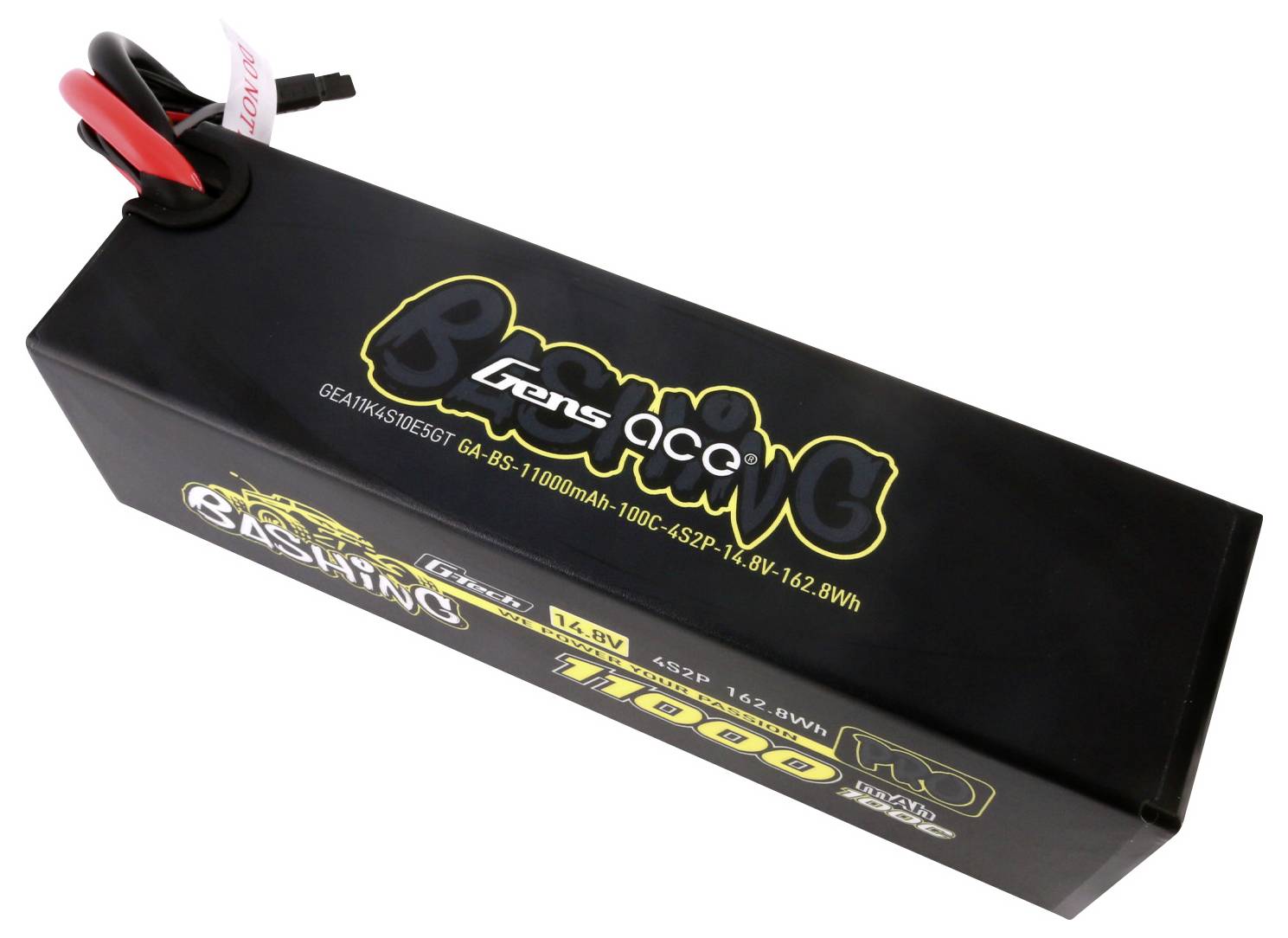 Sort batteri til RC-modeller fra mærket Gens Ace med påskriften 'Basher', 11000mAh, 14,8V, 162Wh, velegnet til høj ydelse.