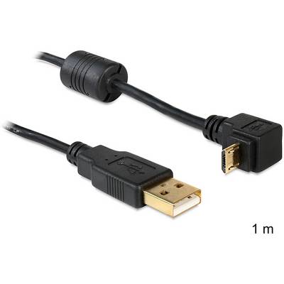 Et sort USB-kabel med to typer stik: venstre et standard USB-stik, højre et Micro-USB-stik, 1 m langt.