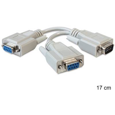 Y-kabel med tre VGA-stik i grå, to hun-stik og et han-stik, længde 17 cm.