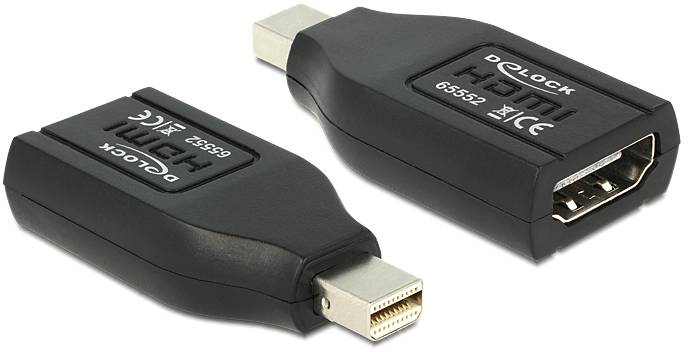 To sorte adaptere fra Mini DisplayPort til HDMI, hvoraf den ene viser stikket og den anden bøsningen. Markeret med 'Delock HDMI'.