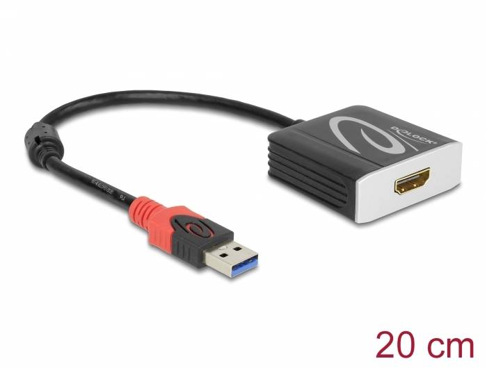 En USB 3.0 til HDMI-adapter med sort kabel og sølv-sort kabinet. Kabellængde: 20 cm.