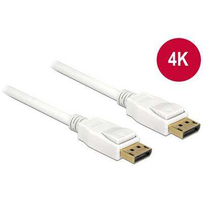 DisplayPort-kabel i hvid farve med 4K-understøttelse, med begge ender vist i billedet, rød markering med påskriften '4K' øverst til højre.