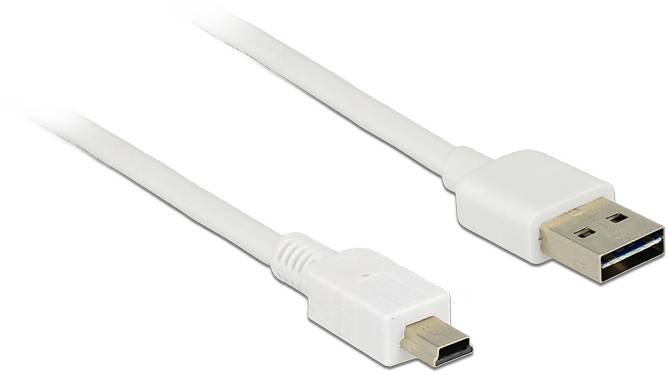 Et hvidt USB-kabel med en USB-stik og en Mini-USB-stik, velegnet til at forbinde mindre enheder med computere.