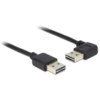To dansk:<br><br>To sorte USB-kabler med standard-A-stik i enderne. Det højre stik er vinklet. Egnede til dataoverførsel.