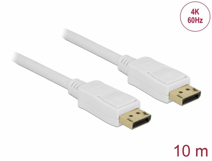 Hvidt DisplayPort-kabel, 10 meter langt, understøtter 4K ved 60Hz, til video- og lydtilslutning mellem enheder.