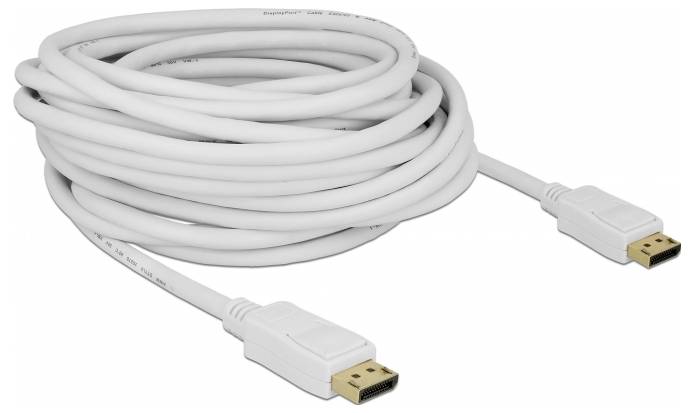 Hvidt HDMI-kabel, oprullet, med to forgyldte stik i enderne. Egnet til overførsel af lyd- og videosignaler.