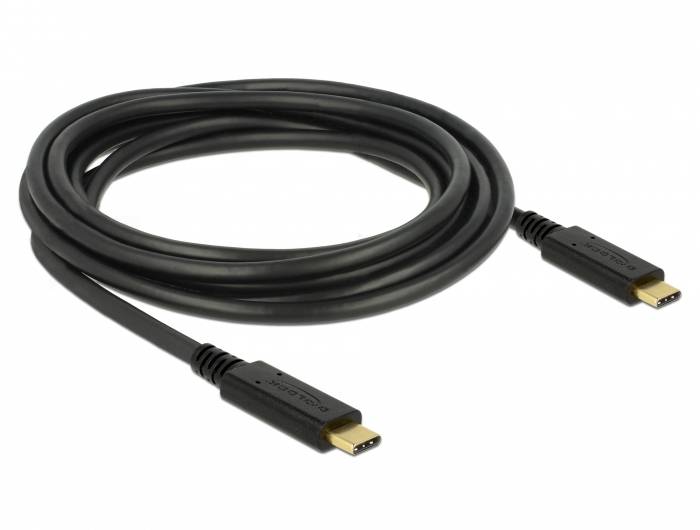Et sort USB-C-kabel, der forbinder elektroniske enheder, med to identiske stik i begge ender.