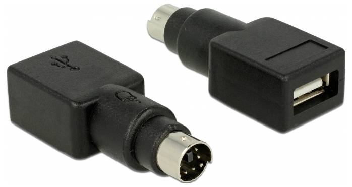 To adapter i sort: Den ene viser et USB-stik, den anden en rund stikforbindelse.