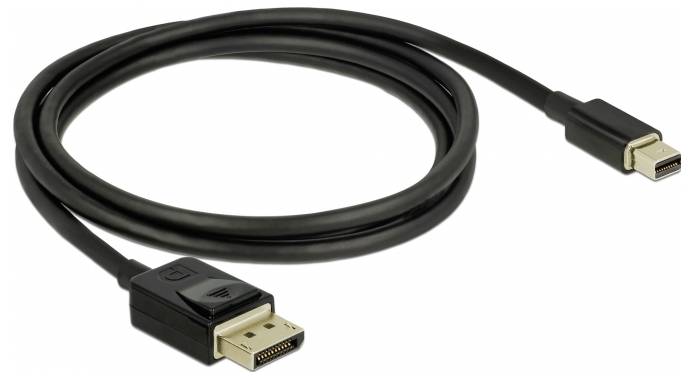 Et sort DisplayPort-kabel med en stor og en lille stik, til forbindelse af skærme med computere.