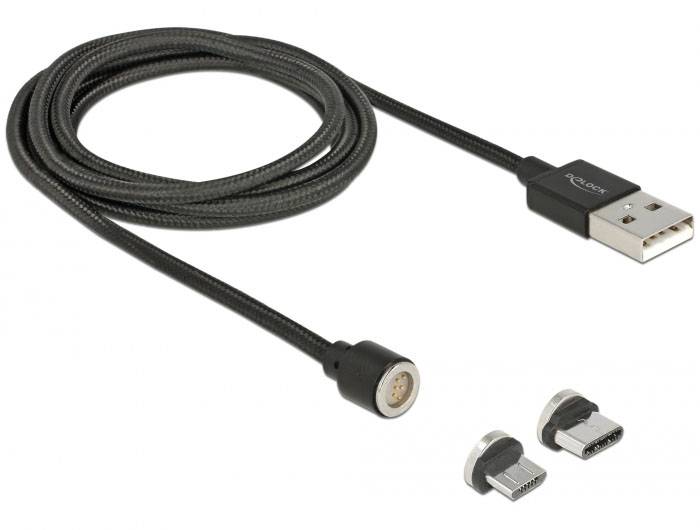 Magnetisk ladekabel med USB-stik og udskiftelige forbindelser. Understøtter forskellige enheder. Perfekt til fleksibel opladning.