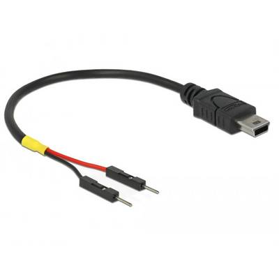 Et sort kabel med et Mini-USB-stik på den ene side og to Dupont-stik på den anden side.