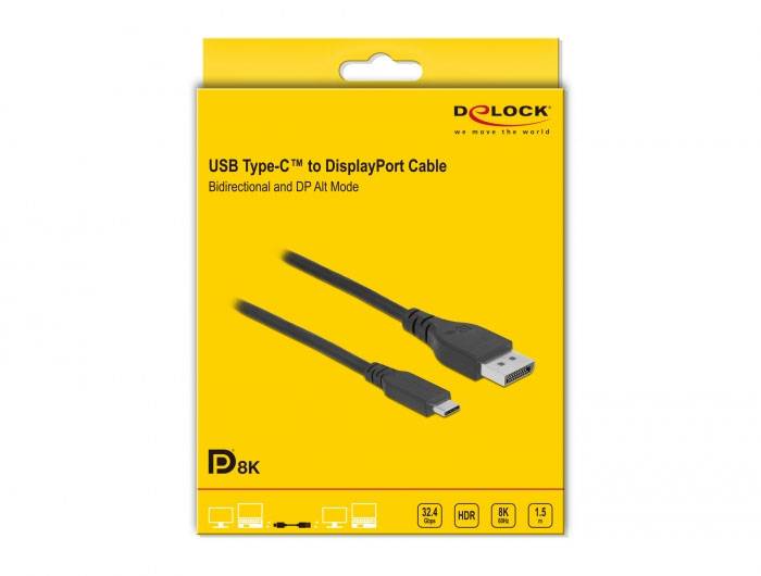 Kabelemballage fra Delock til et USB Type-C til DisplayPort-kabel, understøtter 8K, HDR, 32,4 Gbit/s.