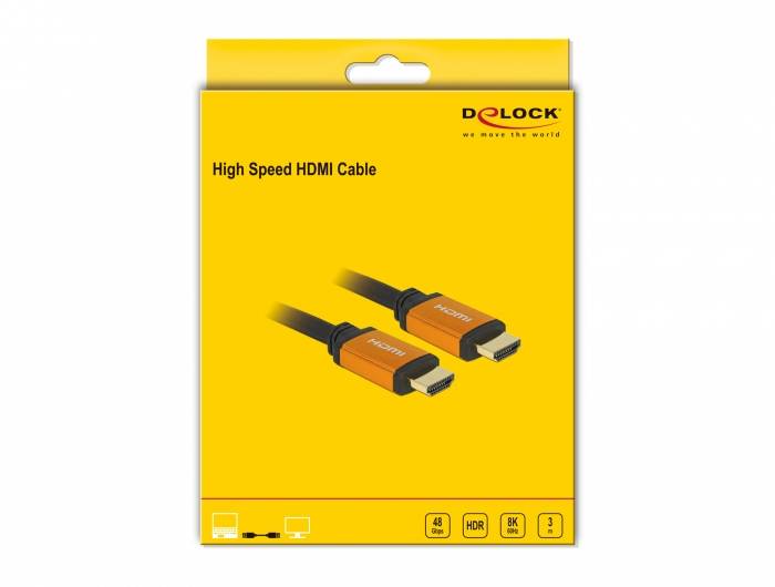Emballage til et 'High Speed HDMI-kabel' fra Delock. Viser to orange HDMI-stik og symboler for 4K, 3D og Ethernet-kompatibilitet.