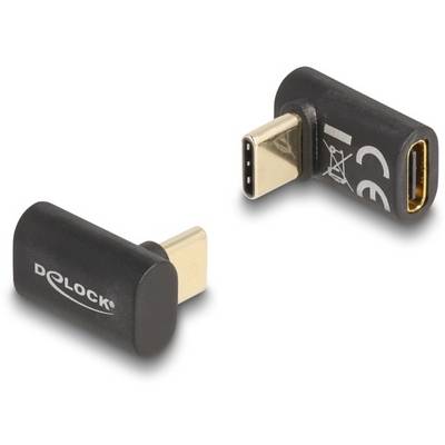USB-C-adapter, vinkelret, sort, fra Delock; ét stik på den ene side, et stik på den anden side; ideel til pladsbesparing under trange forhold.