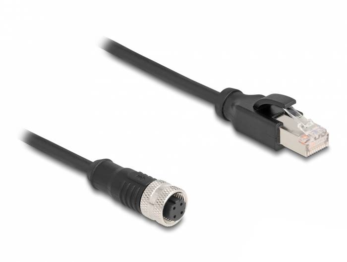 Et Ethernet-stik og et rundt stik med fire ben på et kabel. Egnet til industrielle anvendelser eller specialiserede netværksforbindelser.