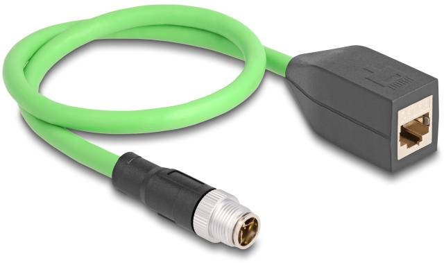 Grøn Ethernet-kabel, M12-stik til RJ45-bøsning. Egnet til forbindelse af industrielle enheder med netværk.