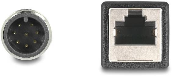 To portray to plugs, a round one on the left with multiple pins, a square one on the right with an RJ45 socket, on a white background.