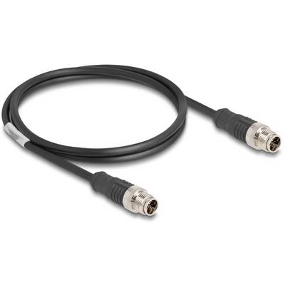 Sort M12-forbindelseskabel med metalstik i begge ender, på hvid baggrund.