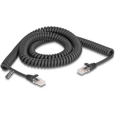 Sort, spiralformet Ethernet-kabel med RJ45-stik i begge ender, velegnet til netværksforbindelser.