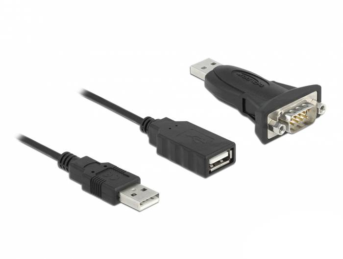 Adapterkabel: USB-stik og USB-sokkel i den ene ende, RS-232-stik i den anden ende, til at forbinde moderne enheder med ældre grænseflader.