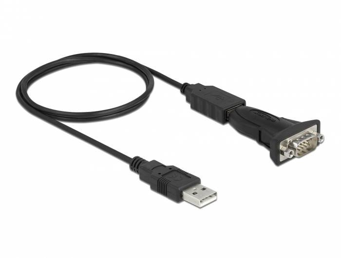 'En USB-til-seriel adapter med sort plastikkappe, egnet til at forbinde ældre enheder med moderne USB-porte.'