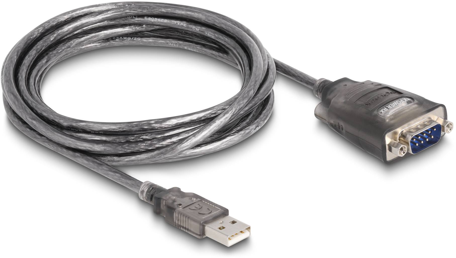 Et USB-til-RS232-adapterkabel med en USB-stik på venstre side og en seriel RS232-stik på højre side.