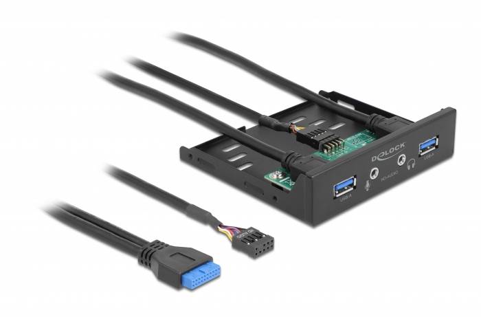 Et sort frontpanel med to USB 3.0-tilslutninger og audiostik til indbygning i en desktopcomputer, vist med kabler.