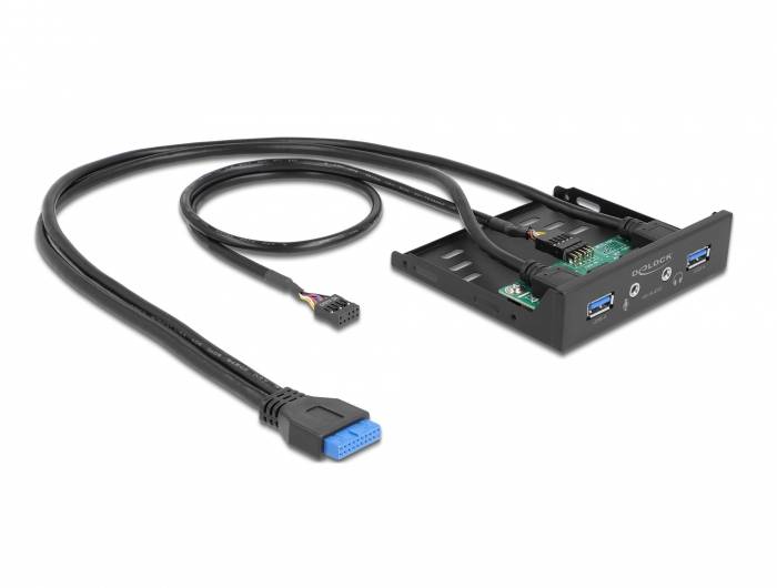 Sort USB 3.0 frontpanel med to porte og kabler til tilslutning til hovedkortet. Egnet til PC-kabinetter.
