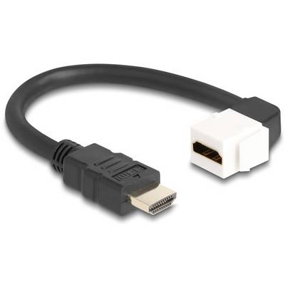 Sort HDMI-kabel med sort stik og hvid sokkel, egnet til tilslutning af audiovisuelle enheder.